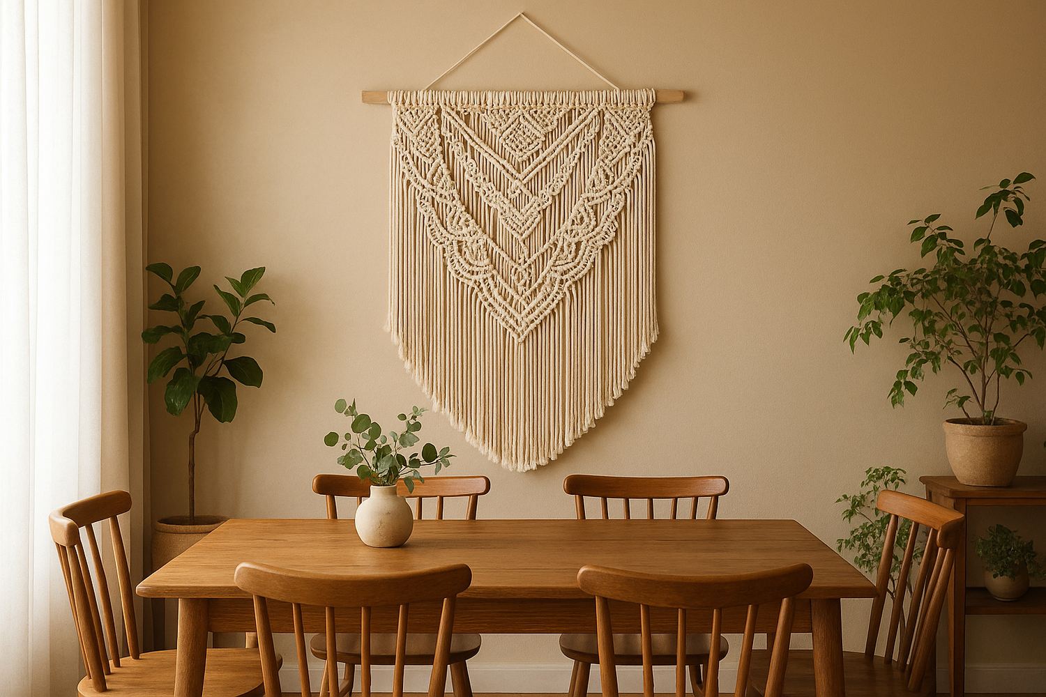 a macrame wall hangind in a dining room