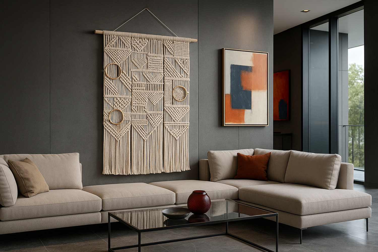 a modern macrame wall hanging in a luxury living room